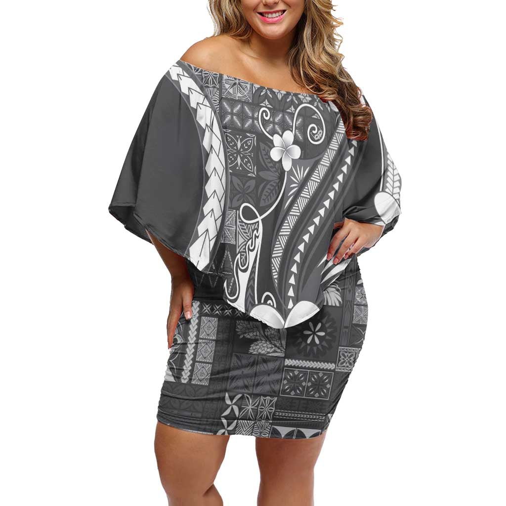 Samoa Siapo Tribal Pattern Off Shoulder Short Dress Light Gray Polynesian Plumeria Tapa Motif LT9 Women Gray - Polynesian Pride