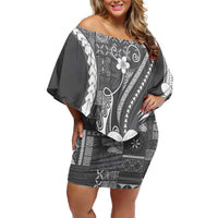 Samoa Siapo Tribal Pattern Off Shoulder Short Dress Light Gray Polynesian Plumeria Tapa Motif LT9 Women Gray - Polynesian Pride
