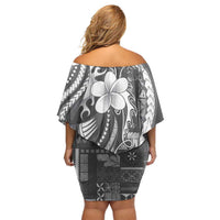 Samoa Siapo Tribal Pattern Off Shoulder Short Dress Light Gray Polynesian Plumeria Tapa Motif LT9 - Polynesian Pride