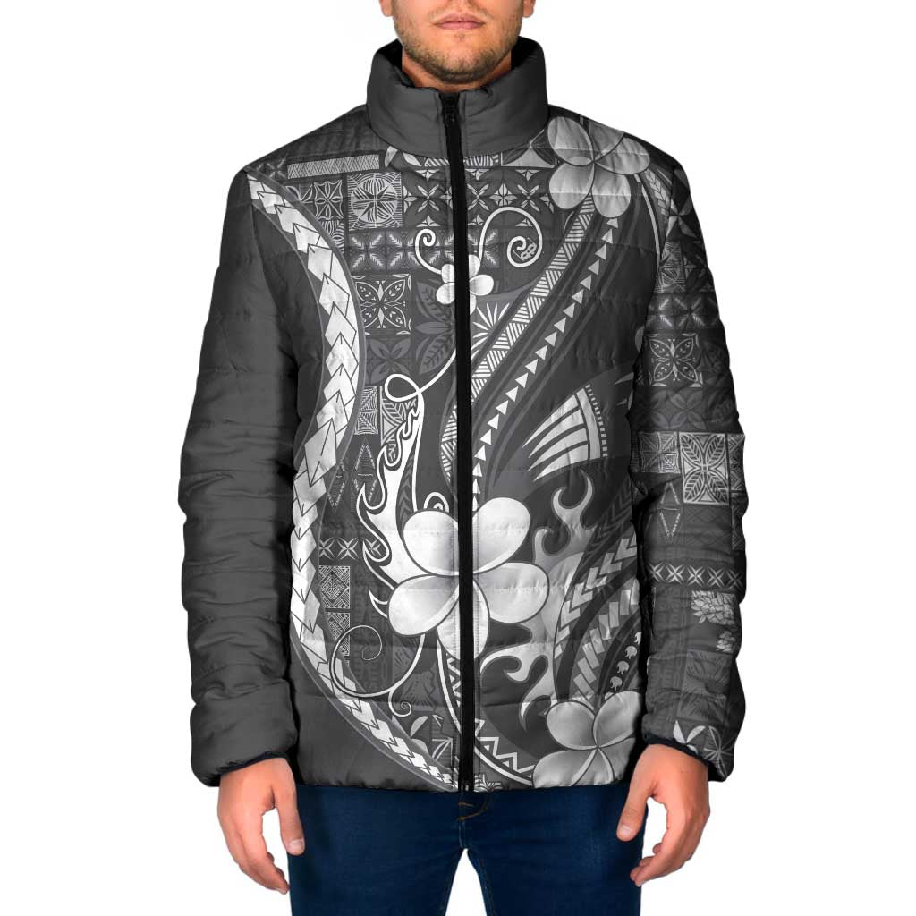 Samoa Siapo Tribal Pattern Padded Jacket Light Gray Polynesian Plumeria Tapa Motif