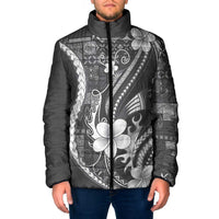 Samoa Siapo Tribal Pattern Padded Jacket Light Gray Polynesian Plumeria Tapa Motif