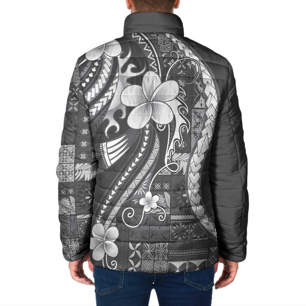 Samoa Siapo Tribal Pattern Padded Jacket Light Gray Polynesian Plumeria Tapa Motif