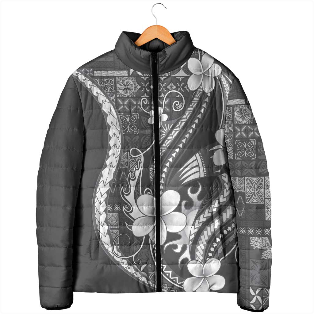 Samoa Siapo Tribal Pattern Padded Jacket Light Gray Polynesian Plumeria Tapa Motif