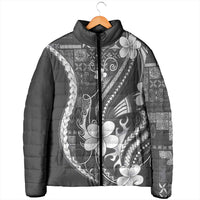 Samoa Siapo Tribal Pattern Padded Jacket Light Gray Polynesian Plumeria Tapa Motif