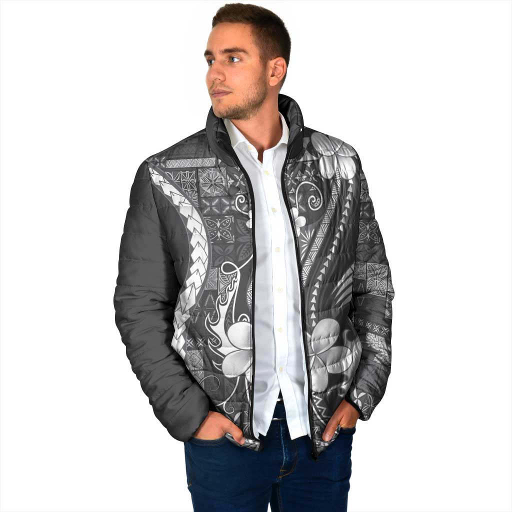 Samoa Siapo Tribal Pattern Padded Jacket Light Gray Polynesian Plumeria Tapa Motif