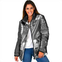 Samoa Siapo Tribal Pattern Padded Jacket Light Gray Polynesian Plumeria Tapa Motif