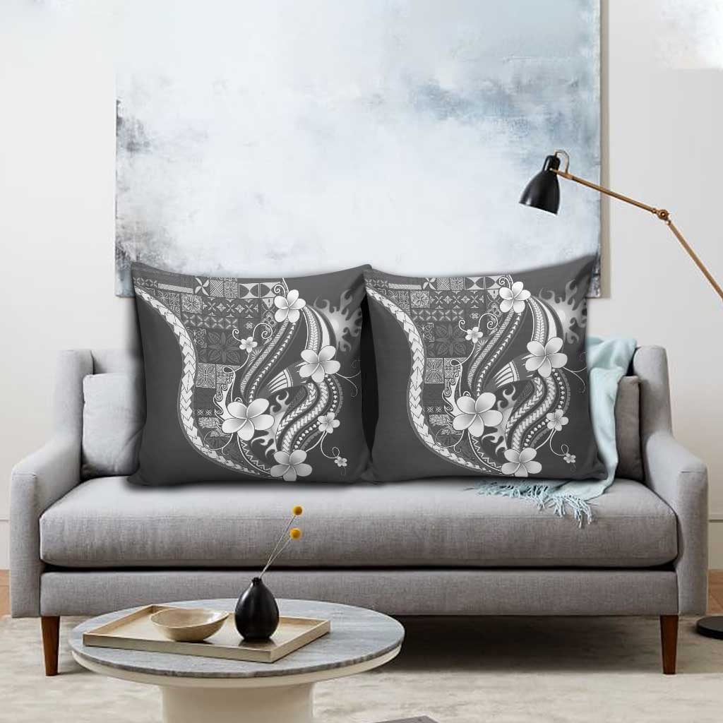 Samoa Siapo Tribal Pattern Pillow Cover Light Gray Polynesian Plumeria Tapa Motif