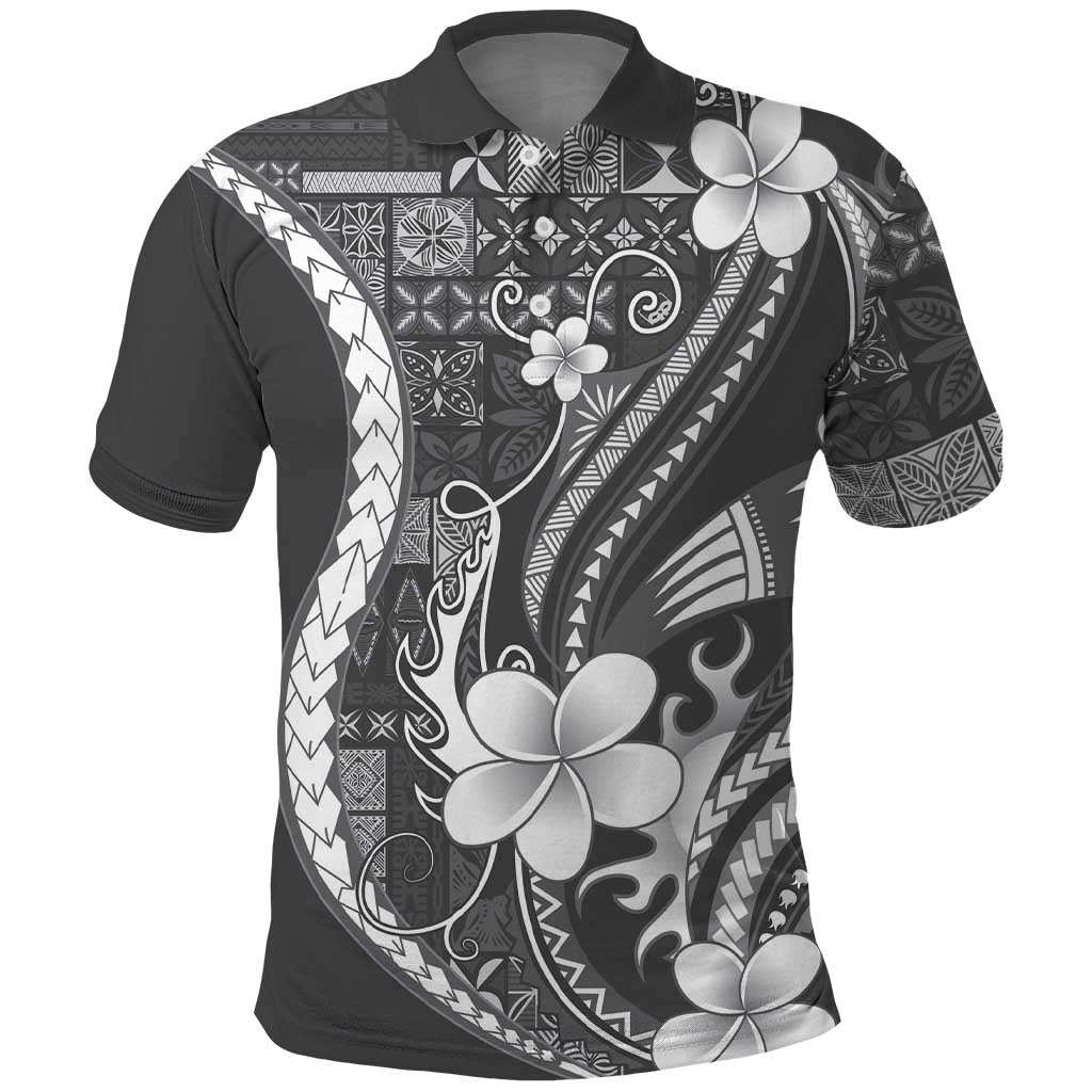 Samoa Siapo Tribal Pattern Polo Shirt Light Gray Polynesian Plumeria Tapa Motif