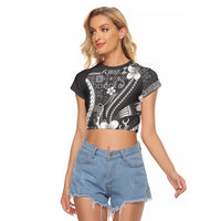 Samoa Siapo Tribal Pattern Raglan Cropped T Shirt Light Gray Polynesian Plumeria Tapa Motif