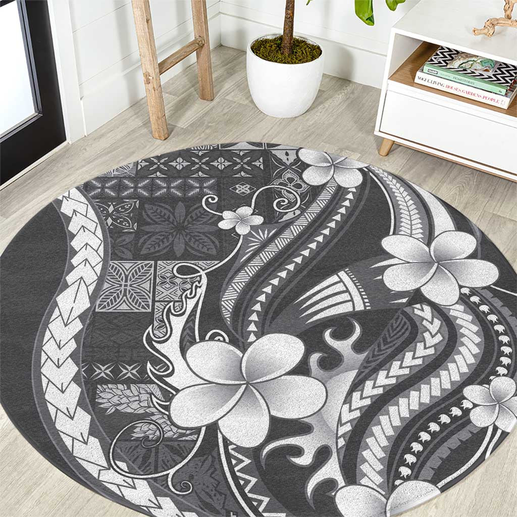 Samoa Siapo Tribal Pattern Round Carpet Light Gray Polynesian Plumeria Tapa Motif