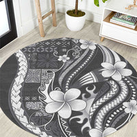 Samoa Siapo Tribal Pattern Round Carpet Light Gray Polynesian Plumeria Tapa Motif