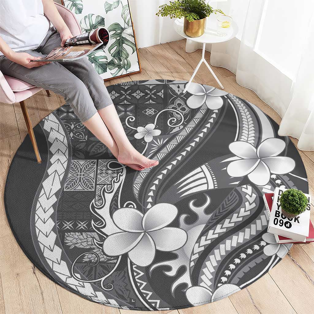 Samoa Siapo Tribal Pattern Round Carpet Light Gray Polynesian Plumeria Tapa Motif