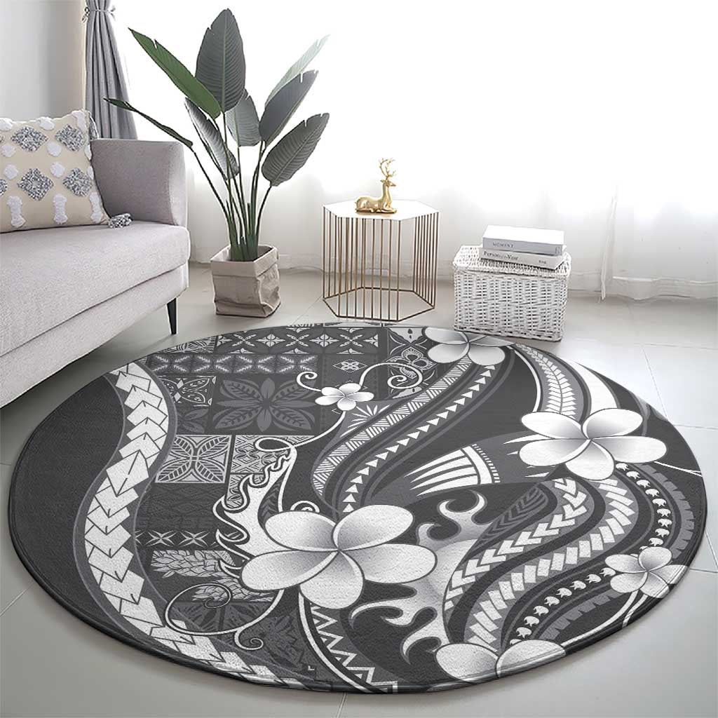 Samoa Siapo Tribal Pattern Round Carpet Light Gray Polynesian Plumeria Tapa Motif