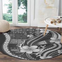 Samoa Siapo Tribal Pattern Round Carpet Light Gray Polynesian Plumeria Tapa Motif