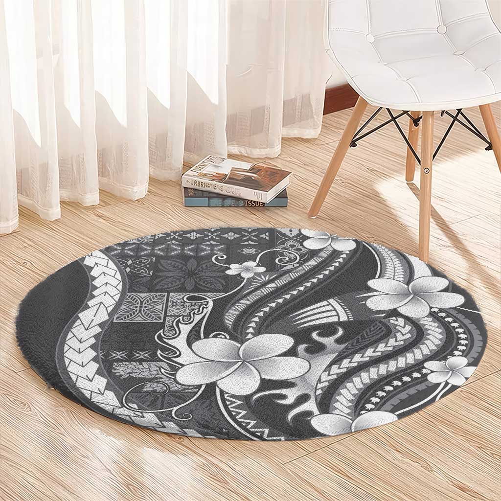 Samoa Siapo Tribal Pattern Round Carpet Light Gray Polynesian Plumeria Tapa Motif