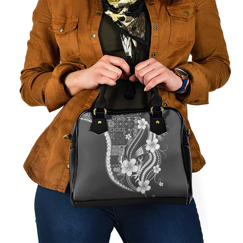 Samoa Siapo Tribal Pattern Shoulder Handbag Light Gray Polynesian Plumeria Tapa Motif