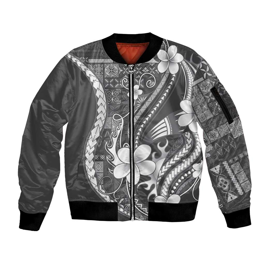 Samoa Siapo Tribal Pattern Sleeve Zip Bomber Jacket Light Gray Polynesian Plumeria Tapa Motif