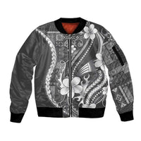 Samoa Siapo Tribal Pattern Sleeve Zip Bomber Jacket Light Gray Polynesian Plumeria Tapa Motif