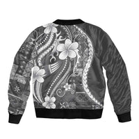 Samoa Siapo Tribal Pattern Sleeve Zip Bomber Jacket Light Gray Polynesian Plumeria Tapa Motif