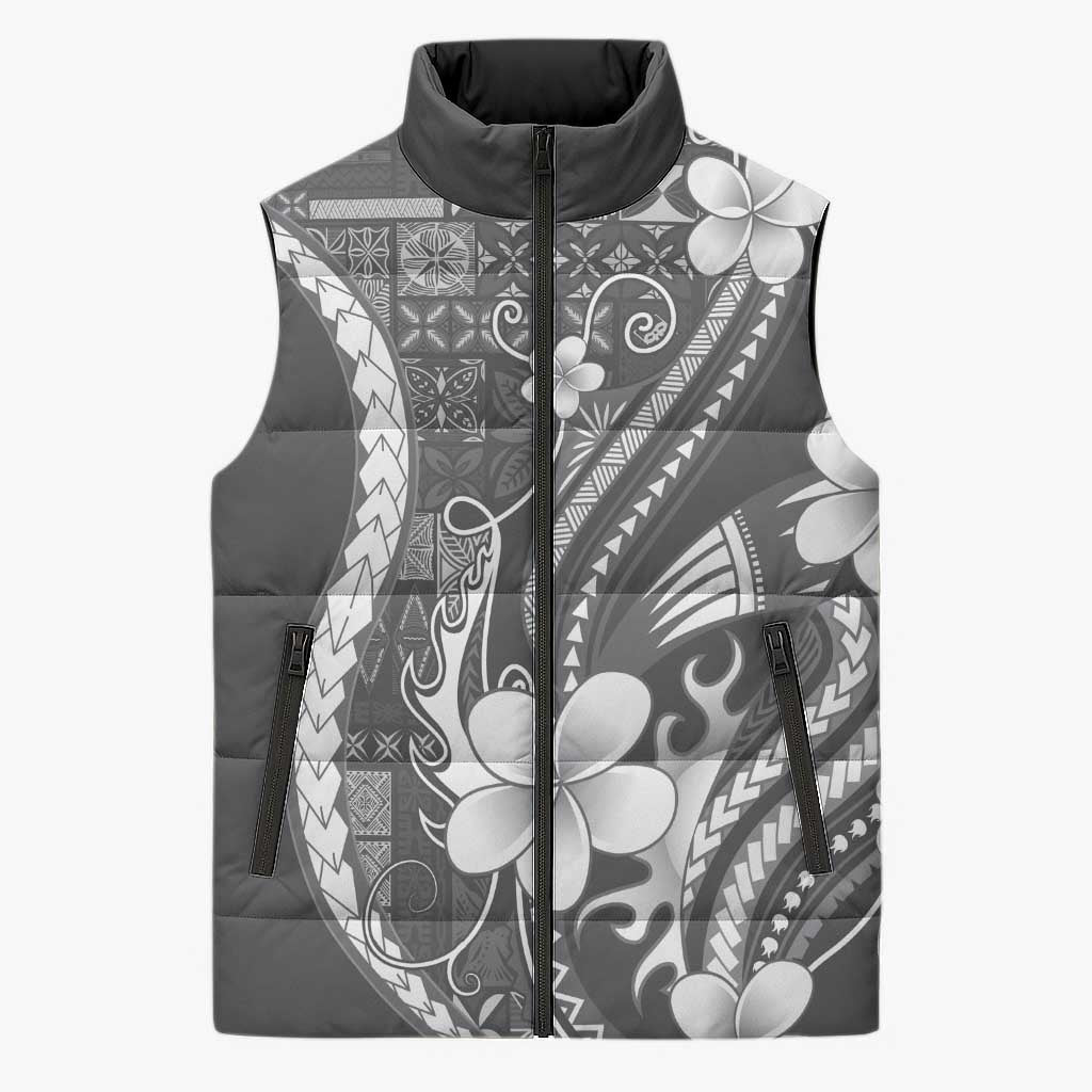 Samoa Siapo Tribal Pattern Sleeveless Puffer Jacket Light Gray Polynesian Plumeria Tapa Motif