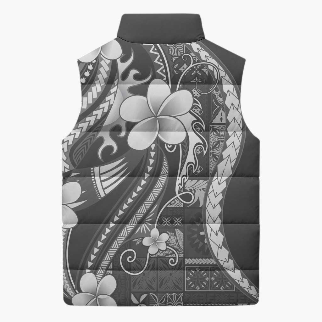 Samoa Siapo Tribal Pattern Sleeveless Puffer Jacket Light Gray Polynesian Plumeria Tapa Motif