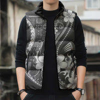 Samoa Siapo Tribal Pattern Sleeveless Puffer Jacket Light Gray Polynesian Plumeria Tapa Motif
