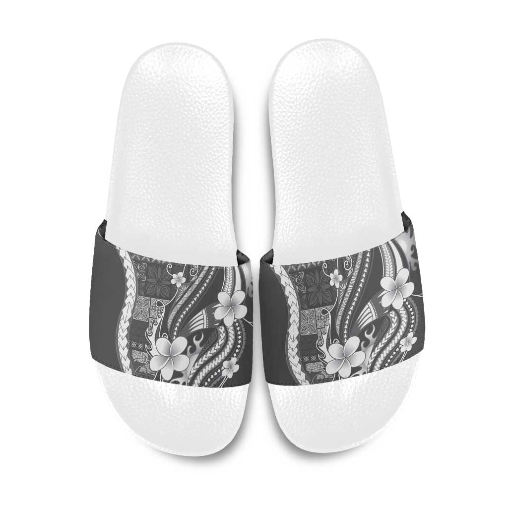 Samoa Siapo Tribal Pattern Slide Sandals Light Gray Polynesian Plumeria Tapa Motif