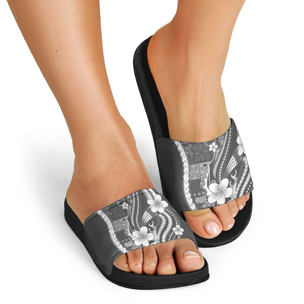 Samoa Siapo Tribal Pattern Slide Sandals Light Gray Polynesian Plumeria Tapa Motif