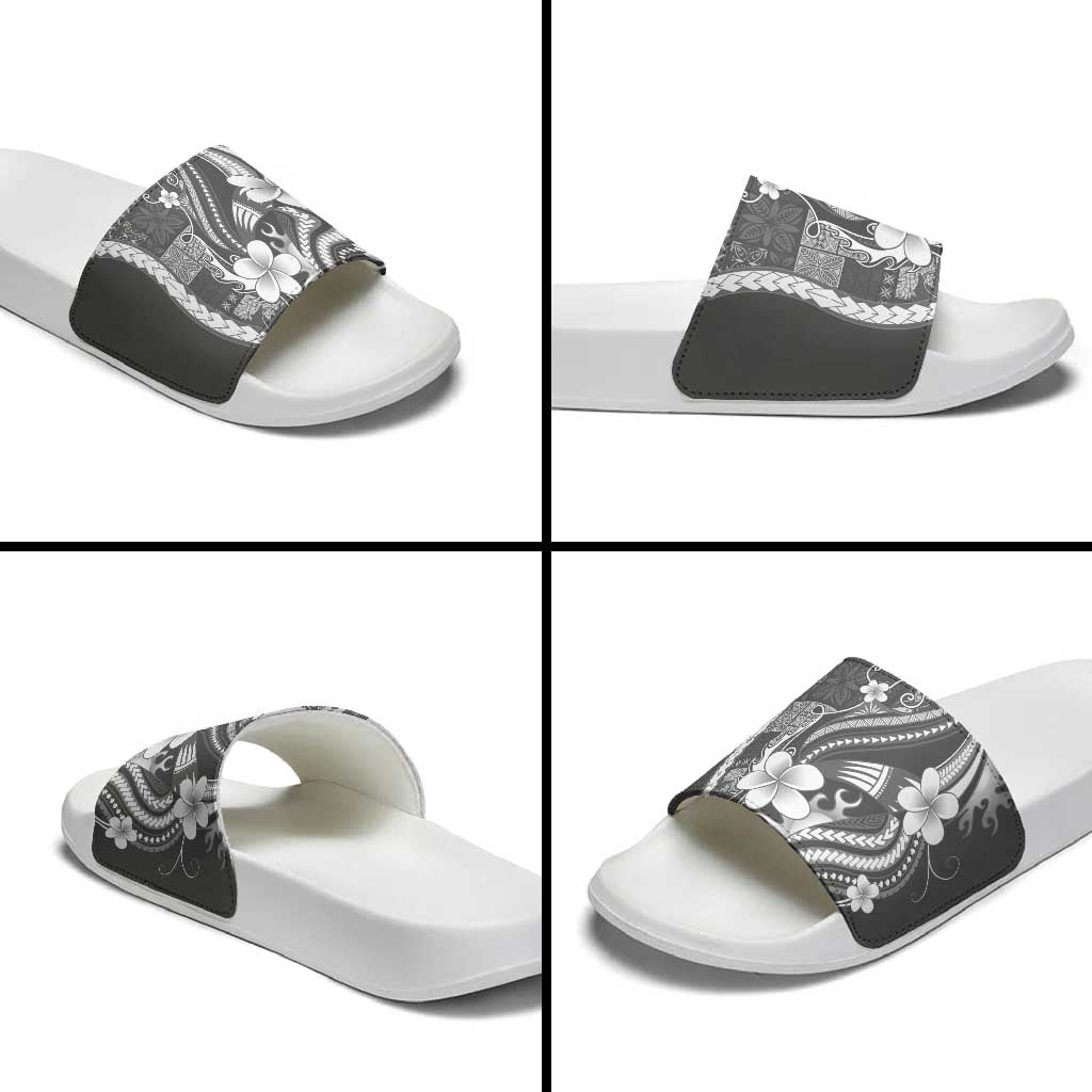 Samoa Siapo Tribal Pattern Slide Sandals Light Gray Polynesian Plumeria Tapa Motif