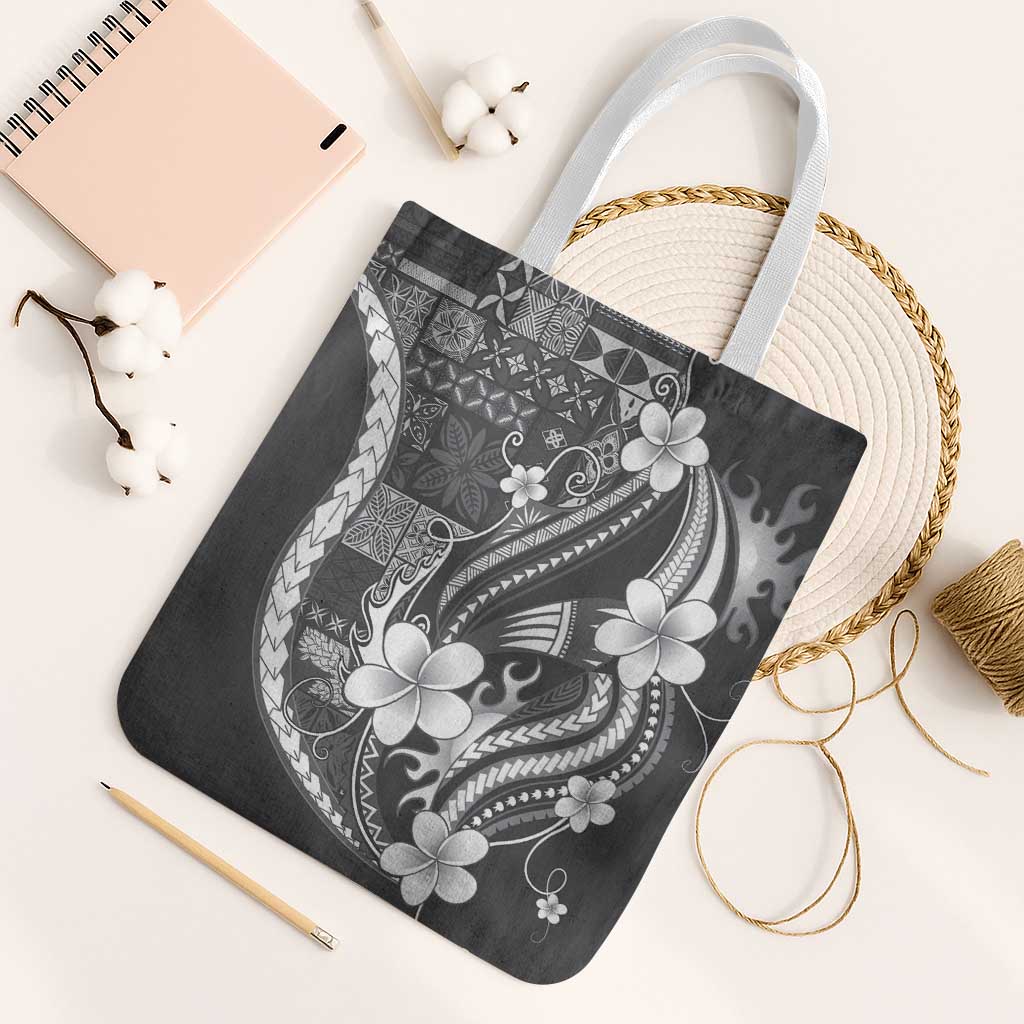 Samoa Siapo Tribal Pattern Tote Bag Light Gray Polynesian Plumeria Tapa Motif