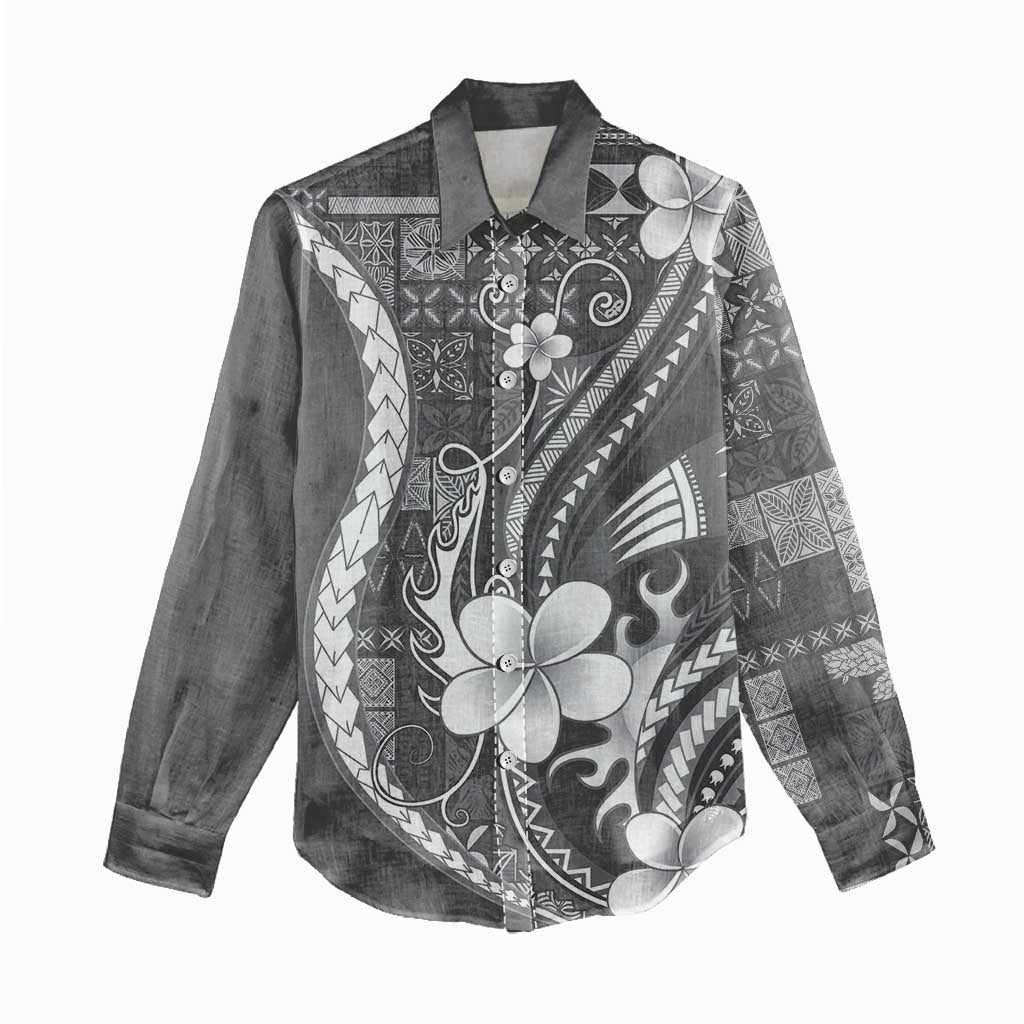 Samoa Siapo Tribal Pattern Women Casual Shirt Light Gray Polynesian Plumeria Tapa Motif