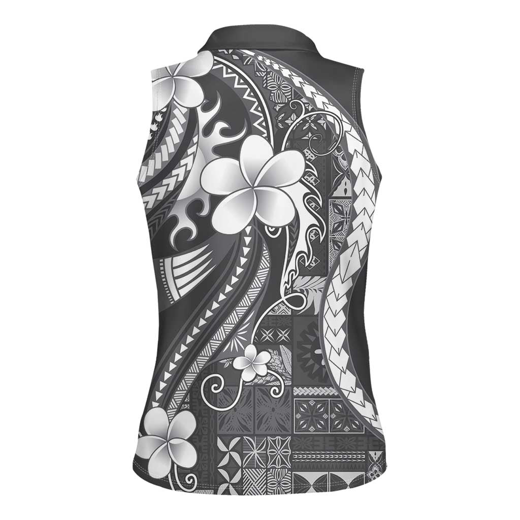 Samoa Siapo Tribal Pattern Women Sleeveless Polo Shirt Light Gray Polynesian Plumeria Tapa Motif LT9 - Polynesian Pride