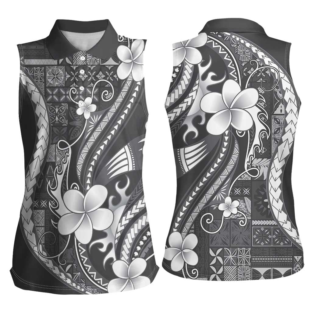 Samoa Siapo Tribal Pattern Women Sleeveless Polo Shirt Light Gray Polynesian Plumeria Tapa Motif LT9 - Polynesian Pride