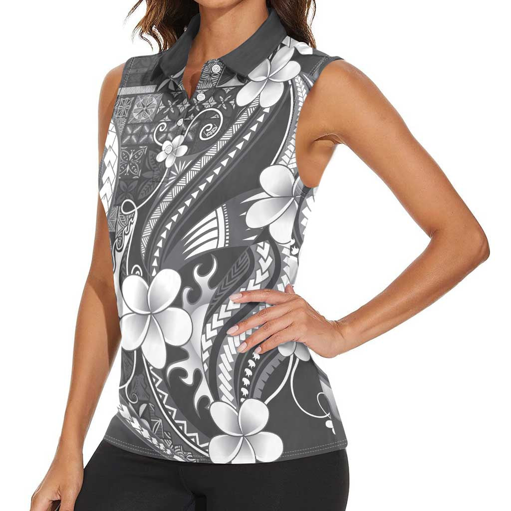 Samoa Siapo Tribal Pattern Women Sleeveless Polo Shirt Light Gray Polynesian Plumeria Tapa Motif LT9 - Polynesian Pride