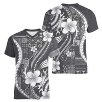 Samoa Siapo Tribal Pattern Women V-Neck T-Shirt Light Gray Polynesian Plumeria Tapa Motif LT9 - Polynesian Pride