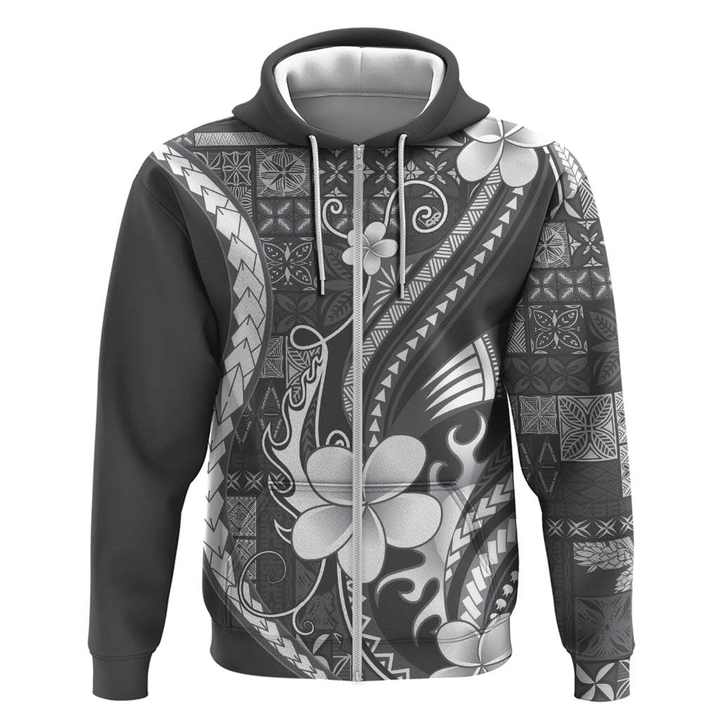 Samoa Siapo Tribal Pattern Zip Hoodie Light Gray Polynesian Plumeria Tapa Motif LT9 Zip Hoodie Gray - Polynesian Pride