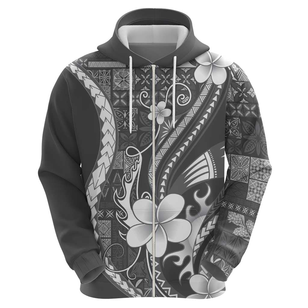 Samoa Siapo Tribal Pattern Zip Hoodie Light Gray Polynesian Plumeria Tapa Motif LT9 - Polynesian Pride