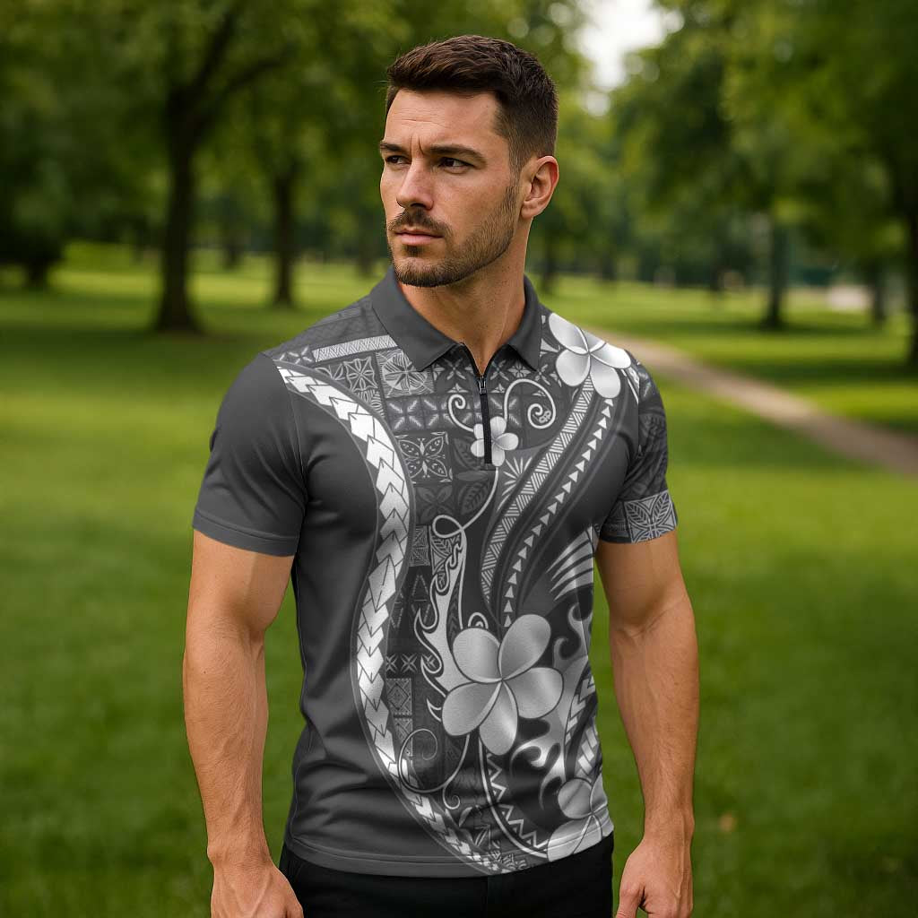 Samoa Siapo Tribal Pattern Zipper Polo Shirt Light Gray Polynesian Plumeria Tapa Motif
