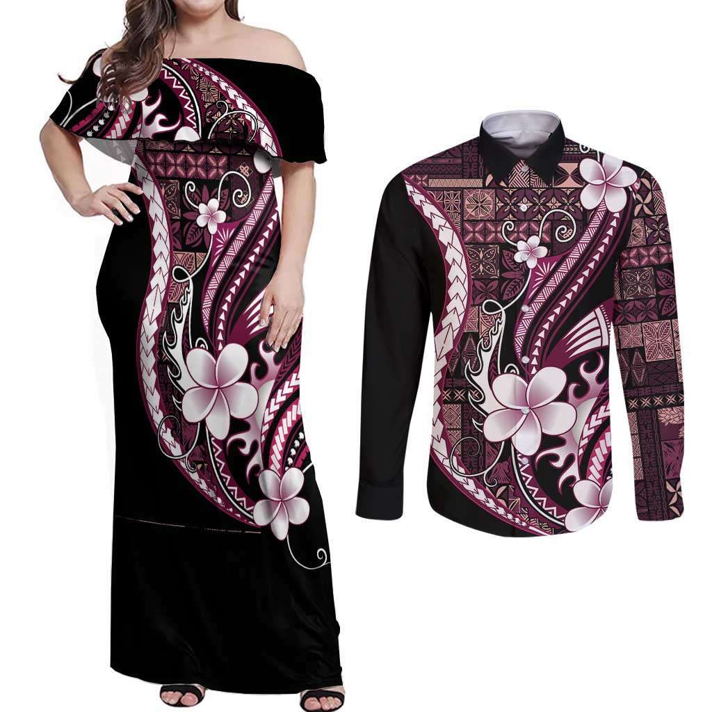 Samoa Siapo Tribal Pattern Couples Matching Off Shoulder Maxi Dress and Long Sleeve Button Shirt Violet Polynesian Plumeria Tapa Motif LT9 Violet - Polynesian Pride