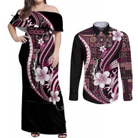 Samoa Siapo Tribal Pattern Couples Matching Off Shoulder Maxi Dress and Long Sleeve Button Shirt Violet Polynesian Plumeria Tapa Motif LT9 Violet - Polynesian Pride