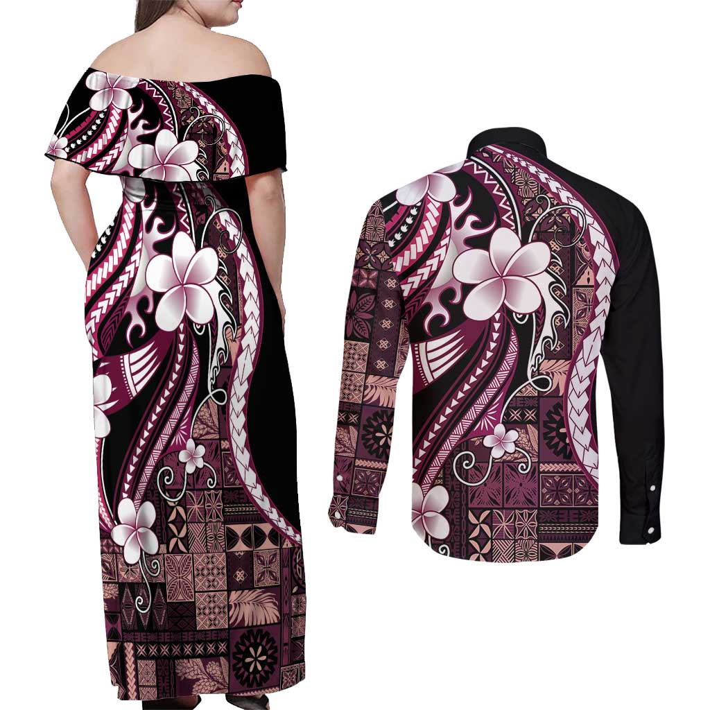 Samoa Siapo Tribal Pattern Couples Matching Off Shoulder Maxi Dress and Long Sleeve Button Shirt Violet Polynesian Plumeria Tapa Motif LT9 - Polynesian Pride