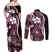 Samoa Siapo Tribal Pattern Couples Matching Off Shoulder Maxi Dress and Long Sleeve Button Shirt Violet Polynesian Plumeria Tapa Motif LT9 - Polynesian Pride