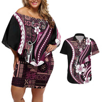 Samoa Siapo Tribal Pattern Couples Matching Off Shoulder Short Dress and Hawaiian Shirt Violet Polynesian Plumeria Tapa Motif LT9 Violet - Polynesian Pride