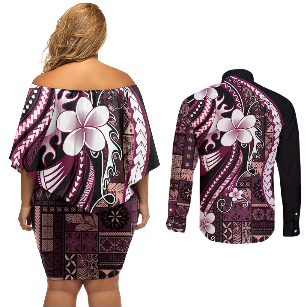 Samoa Siapo Tribal Pattern Couples Matching Off Shoulder Short Dress and Long Sleeve Button Shirt Violet Polynesian Plumeria Tapa Motif LT9 - Polynesian Pride