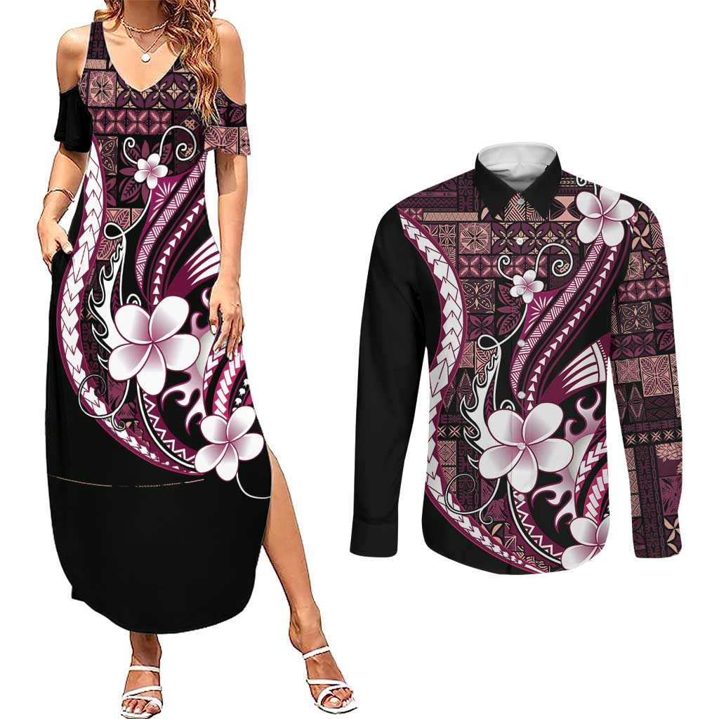 Samoa Siapo Tribal Pattern Couples Matching Summer Maxi Dress and Long Sleeve Button Shirt Violet Polynesian Plumeria Tapa Motif LT9 Violet - Polynesian Pride