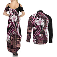 Samoa Siapo Tribal Pattern Couples Matching Summer Maxi Dress and Long Sleeve Button Shirt Violet Polynesian Plumeria Tapa Motif LT9 - Polynesian Pride