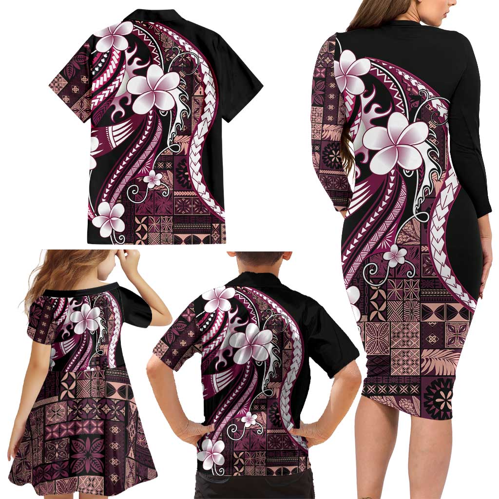 Samoa Siapo Tribal Pattern Family Matching Long Sleeve Bodycon Dress and Hawaiian Shirt Violet Polynesian Plumeria Tapa Motif LT9 - Polynesian Pride