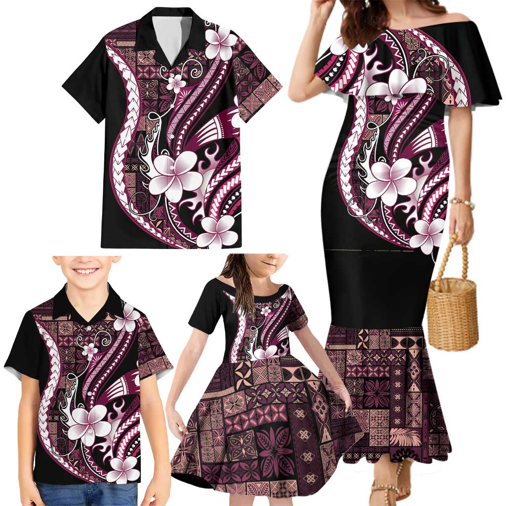 Samoa Siapo Tribal Pattern Family Matching Mermaid Dress and Hawaiian Shirt Violet Polynesian Plumeria Tapa Motif