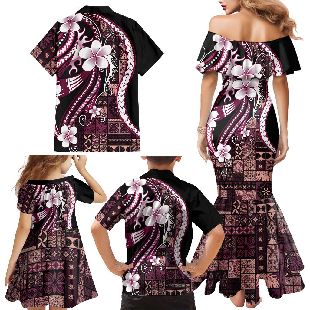 Samoa Siapo Tribal Pattern Family Matching Mermaid Dress and Hawaiian Shirt Violet Polynesian Plumeria Tapa Motif