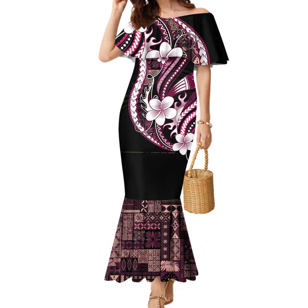 Samoa Siapo Tribal Pattern Family Matching Mermaid Dress and Hawaiian Shirt Violet Polynesian Plumeria Tapa Motif